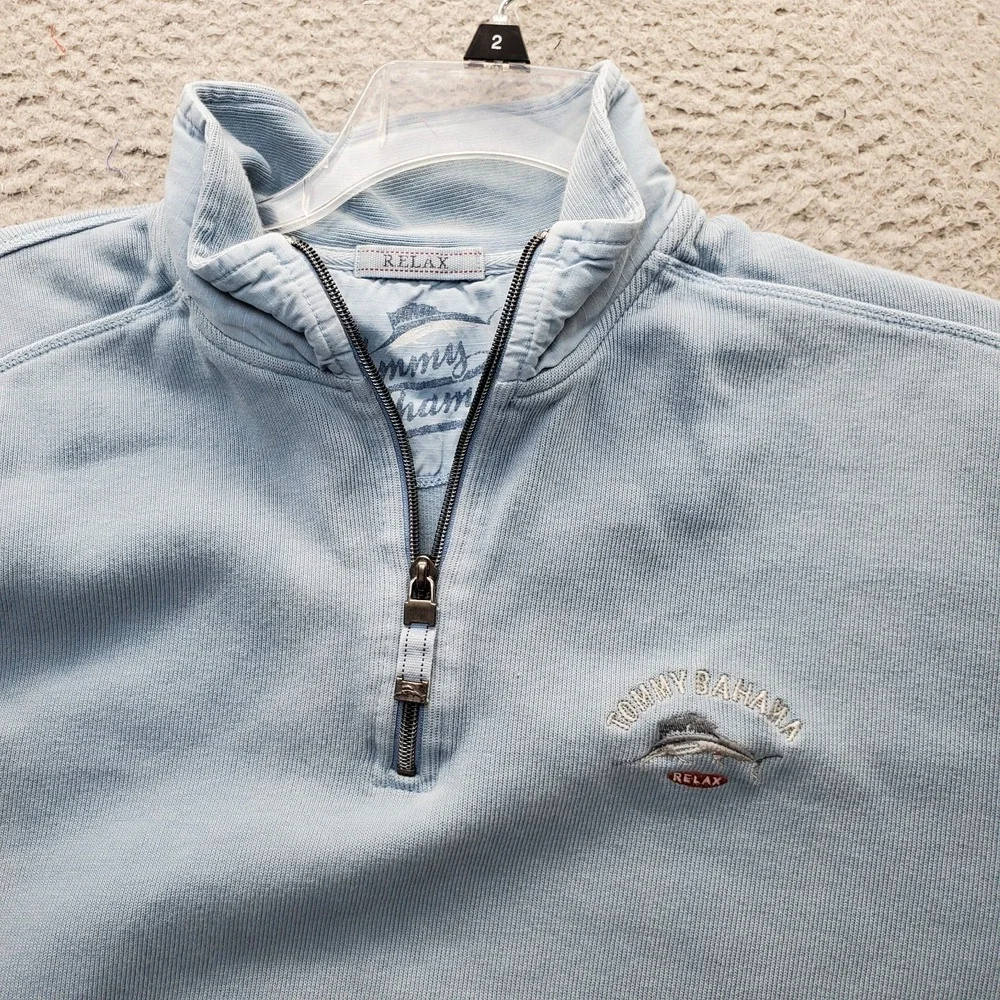 Tommy Bahama Sweater Mens LT Blue Embroidered Logo Knit Relaxed 1/4 Zip Pullover